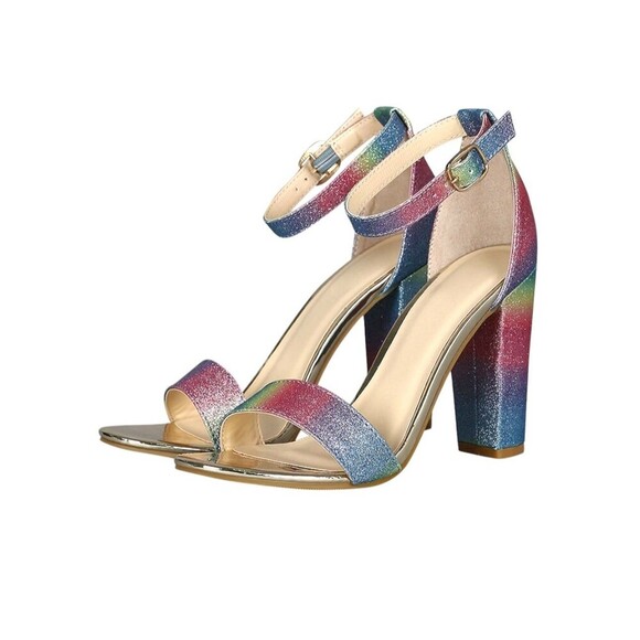 BAMBOO Women's Block Heel Sandal , Pastel Rainbow Glitter size 6B NEW - Picture 2 of 7